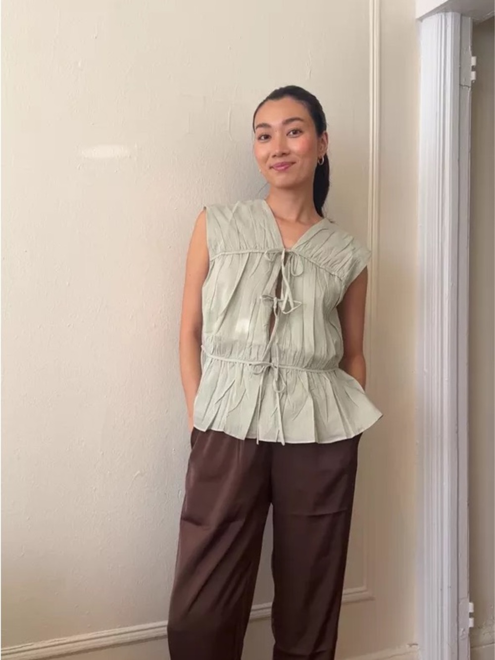 Modern Citizen Tie Front Top Sage Green Cotton Norah Small S